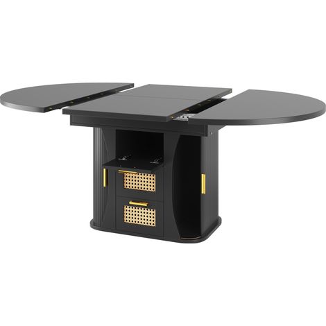 Table Ă manger extensible avec rangement en rotin, MDF noir/naturel/bronze, 118-158 cm (1/5)