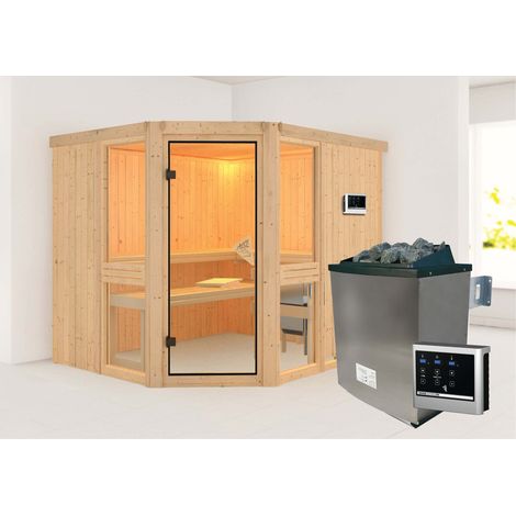 Karibu Sauna Innenkabine Amelia Innensauna 3 Sitzbänke aus Holz , Saunakabine mit 68 mm Wandstärke Dampfsauna