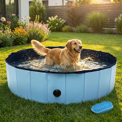 Randaco Piscina pieghevole per cani in PVC antiscivolo, vasca per animali 120x30 cm, blu