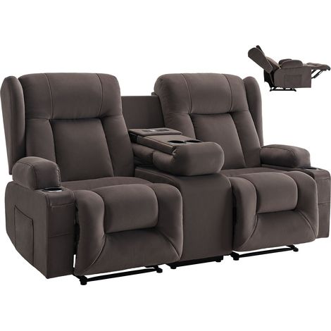 Canapé Inclinable Électrique 2 Places, Causeuse Inclinable avec Chauffage, Massage et Console Centrale, en Daim, avec Ports USB, Porte-gobelets et Poches Latérales, pour Salon Appartement (1/5)