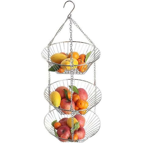 Hängender Obstkorb aus Schmiedeeisen, 3-stöckiger Korb, Obstschale mit Abtropffläche (1/5)