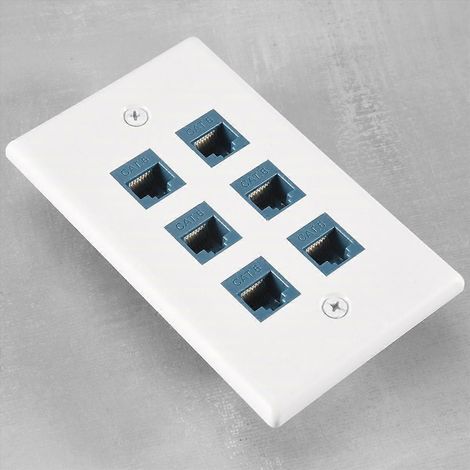 Plaque murale RJ45 Cat6 6 ports, connectique femelle pour réseau Ethernet, panneau mural double, adaptateur encastrable, câblage domestique ou bureau, sans outils, finition blanche (1/5)
