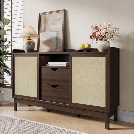 Credenza con ante scorrevoli e doppi cassetti, finitura naturale, 150x39,5x80 cm (1/5)