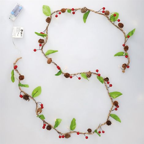 Ghirlanda LED di foglie, pigne e bacche rosse 2M Luce calda