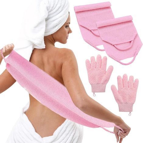 Exfoliating Glove Set of 2 Exfoliating Gloves and 2 Pieces of Back Shower Brush, Back Shower Brush and Body Scrub Glove for Body, Face and Bath Use (Pink)