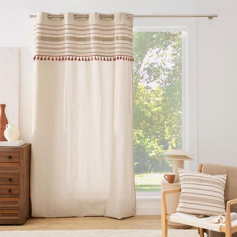 Rideau à œillets 140 x 240 cm – Coton/Polyester avec top tissé et pompons STRIPE - 140x240cm - Naturel (1/5)