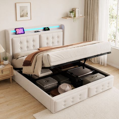 MEUBLIV cama con almacenaje 160x200 cm beige – cabecero LED, USB-C y sin colchón (1/5)