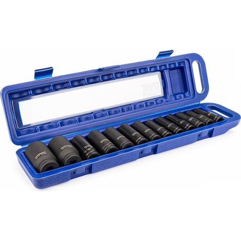 Coffret jeu de douilles 1/2'' 12,5 mm – 13 douilles de 10 à 32 mm – Pour clés à choc et cliquets – Transport facile avec poignée – Powermat