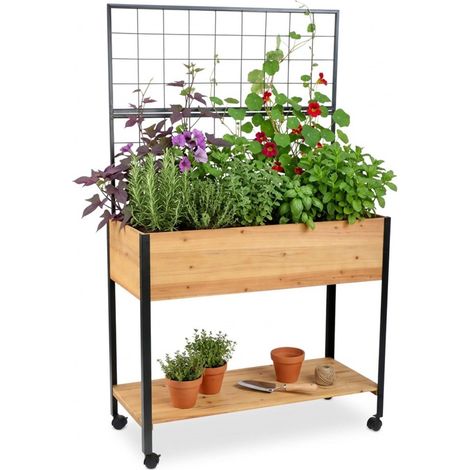 Potager surélevé avec Treillis, étagère, roulettes, HxLxP 165x102x47,5 cm, Bois, Acier, Naturel/Noir (1/5)