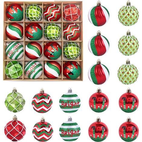 16 Boules de Noël, incassables, plastique, rouge vert blanc, décoration sapin fenêtre porte (1/5)