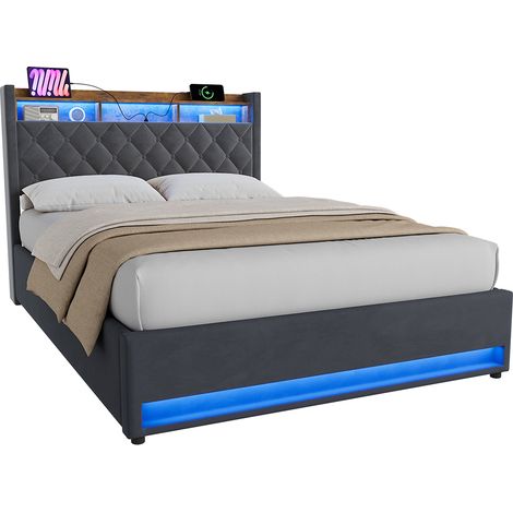 Cama tapizada 140x190 cm de terciopelo gris oscuro con somier de láminas, cabecero acolchado y estructura de MDF, madera contrachapada y hierro CHICFURN para dormitorio (1/5)