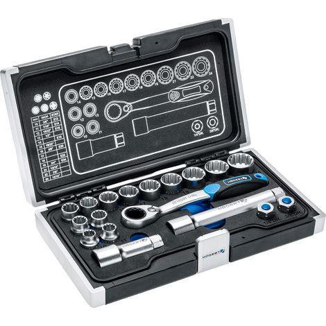 Högert Technik - Box de Tools, Set de Tools, Tool Case, Set de Socket Wrenches and Accessories, Mechanism de Ratchet with 60 Teeth - HT1R478, 18 Pezzi