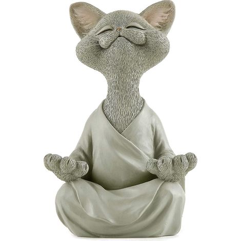 Figurine de Bouddha fantaisiste de collection pour amoureux des chats gris, pratiquant la méditation et le yoga (1/4)