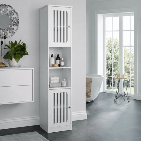 Colonna bagno 36x30x163 cm in MDF bianco, ripiani regolabili, salvaspazio – MEUBLIV (1/5)
