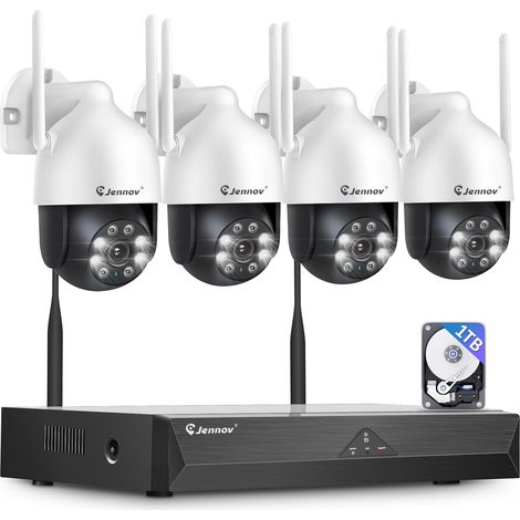 Jennov 5MP+360° PTZ Kit Caméra de Surveillance WiFi Extérieure, 10CH 5MP NVR 1TB et 4X5MP PTZ Caméra avec Audio Bidirectionnel, Vision Nocturne Couleur, Détection de Personne, Enregistrement 24/7 (1/5)