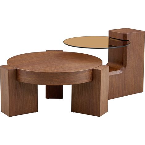 Ensemble de tables basses séparables, plateau en verre brun transparent combiné à des supports en MDF aspect noyer. Design démontable pour une utilisation flexible de l’espace, adaptable à différents 