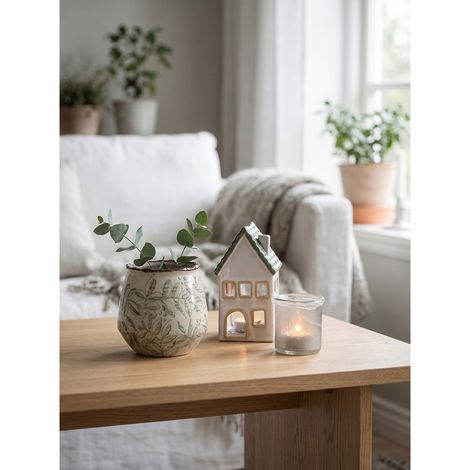 Cache-pot en Céramique Motif Feuilles Vert et Beige Ø 14 x 13 cm Décoration Intérieure Style Rural - PANGIVO