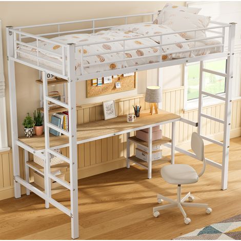 DESVIAE Lit mezzanine enfant et adolescent avec bureau et étagères métal MDF blanc 90x200 (1/5)