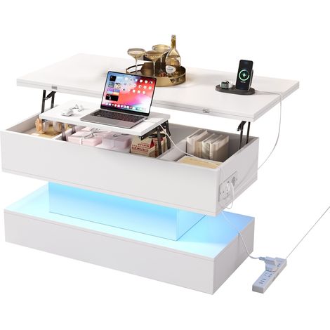 Table basse 100x50x51,5 cm avec prise électrique, ports USB-C et USB, table de salon multifonction avec LED, plateau relevable, hauteur réglable, table d’appoint et table à manger avec rangement,Blanc