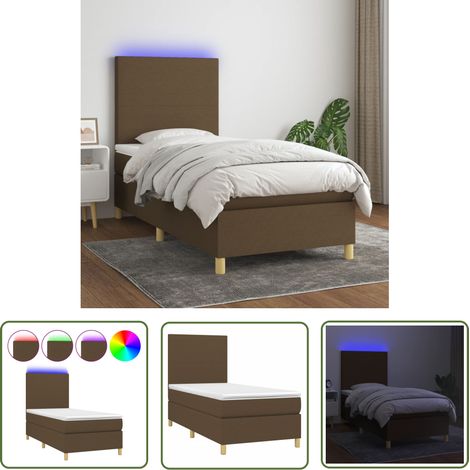 The Living Store Sommier à lattes de lit et matelas et LED Marron foncé 90x190cm - Sommier Tapissier - Lit Plateforme - Lit Avec Rangement - Matelas À Ressorts Ensachés - Éclairage Led (1/5)