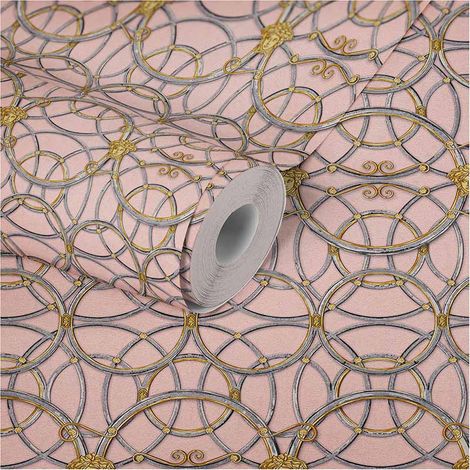 Papier peint original Art déco motif Médusa Tapisserie rose avec cercles dorés Papiers peints motif grec idéal pour salon chic (1/5)