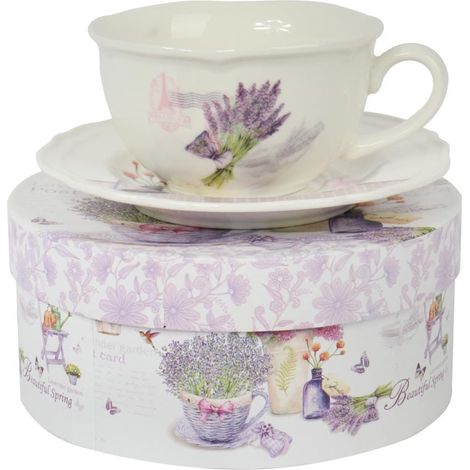 Set composto da tazza e piattino in ceramica con fiori in vaso, confezionato in una scatola regalo. (1/3)