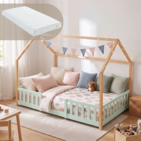 Hausbett Sisimiut im Montessori-Stil mit Matratze und Rausfallschutz 120x200 cm Mintgrün/Natur [en.casa] (1/5)