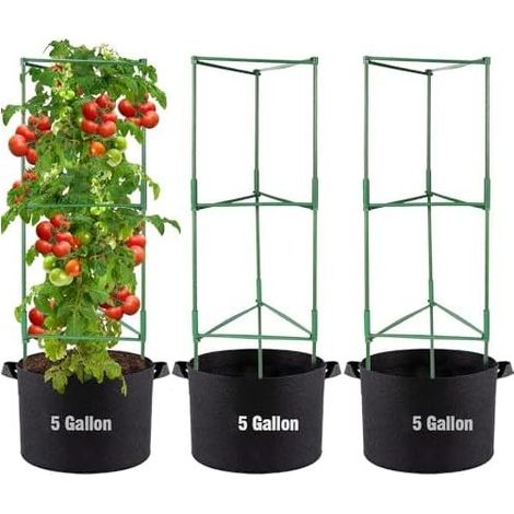 Set mit 3 quadratischen Tomatenkäfigen inklusive 15-Liter-Pflanzsäcken, Stützpfählen für Gartenpflanzen, Rankgitter für Blumen, Rankhilfe für vertikal kletterndes Gemüse (160 cm) – 160 cm (1/5)