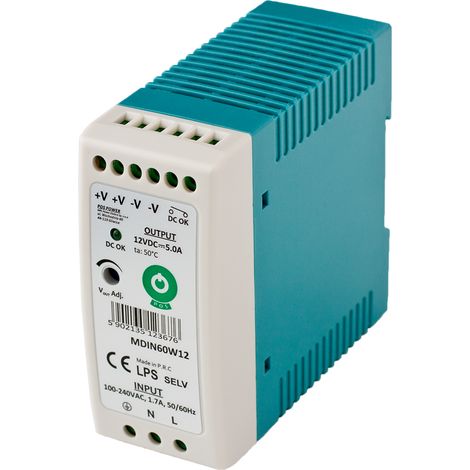 MDIN60W12: Alimentatore slim per montaggio su guida DIN, 12V/5A, con custodia in plastica