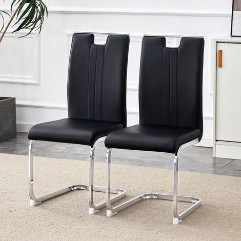 Pack de 2 sillas de comedor, sillas acolchadas para cocina y salón en piel sintética PU con patas metálicas plateadas, negro (1/5)