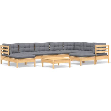 Salon de jardin 10 pcs avec coussins gris Bois de pin solide (1/5)
