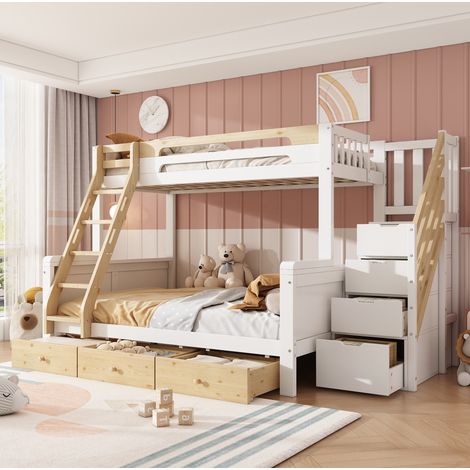 Letto a castello familiare 90x200/140x200 cm con scala contenitore, scaletta e 3 cassetti, legno bianco e naturale (1/5)