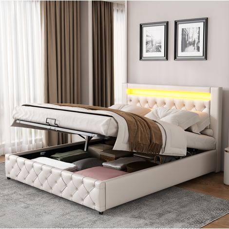 letto contenitore 140x190 con LED e testiera PU bianco OKMYHOME (1/5)