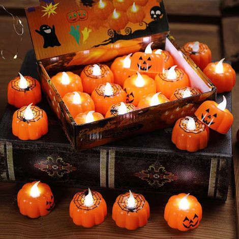 Bougies LED Citrouille Halloween Lot de 12 Toile d Araignée Sans Flamme Sécurité Batterie Décoration Table Centre Fête Maison Automne (1/4)
