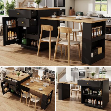 Îlot de cuisine multifonction (avec plateau extensible), dimensions 122,5–195,5 cm, disponible en noir ou blanc, capacité de charge de 60 kg. (1/5)