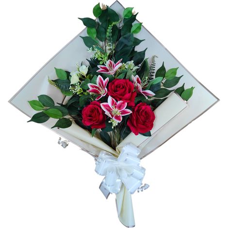 Bouquet de Fleurs artificielles pour cimetière avec Vase à Mettre dans Le Pot du Vase 78 x 63 x 20 cm (lys et Roses) (1/5)