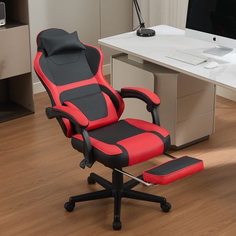 Chaise gaming ergonomique en noir et rouge, équipée d’un repose-pieds rétractable et d’un double coussin lombaire – idéale pour le télétravail et les pauses détente (1/4)