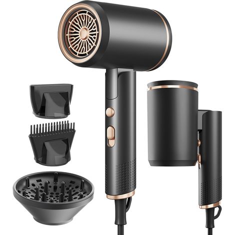 Asciugacapelli, 2400 W, pieghevole, ionico, asciugatura rapida, professionale, con pulsante caldo/freddo, 3 impostazioni di calore, motore AC, diffusore e custodia (nero)
