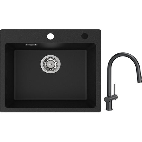 Cecipa Evier 1 Bac Quartz Noir 50x45cm Evier de Cuisine en Quartz Evier de Cuisine en Granit + Mitigeur de Cuisine avec Douchette Extractible avec 2 Types de Jet Noir (1/5)