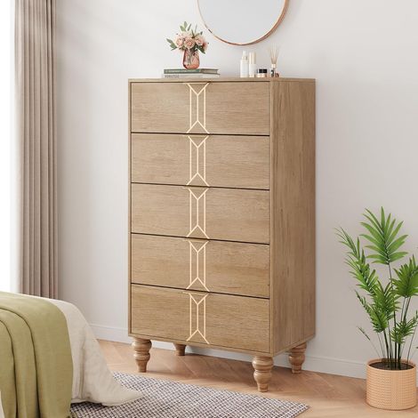 Commode en Bois Moderne 5 Tiroirs Motif Vintage - Meuble de Rangement Chêne et Or pour Chambre et Salon (1/5)