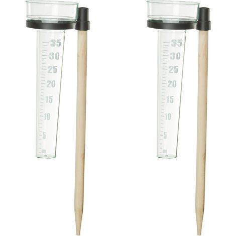 Lot de 2 pluviomètres, avec bâtonnets, pour Jardin, barème 35 mm/m², Plastique & Bois, Nature - Transparent