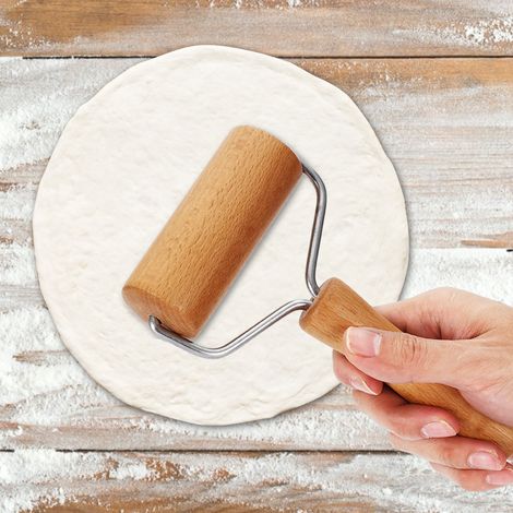 Rouleau à pâtisserie en bois massif, rouleau à pâte pour pizzas et raviolis avec poignée, ustensile de cuisine (1/5)