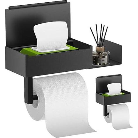 Toilettenpapierhalter Ohne Bohren, Okiuen Toilettenpapierhalter mit Feuchttš¹cherbox Klopapierhalter Ohne Bohren mit Ablage, Edelstahl Anti-Fingerabdruck Klorollenhalter fš¹r Badezimmer Matt Schwarz (1/5)