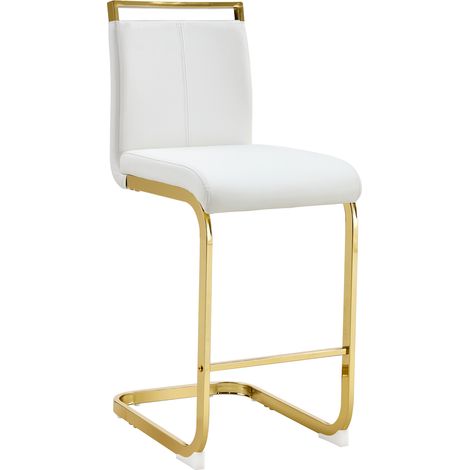 Lot de 2 tabourets de bar blancs en cuir régénéré avec dossier, pieds métal dorés et repose-pieds, assise 63,5 cm, pour cuisine ou restaurant CHICFURN (1/5)