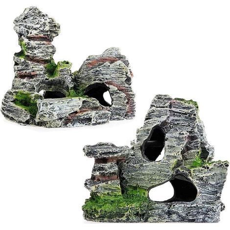 2 pcs Aquarium Ornement Vue sur Rocheux sous Forme de Cave avec de l'herbe Verte pour Cacher Les crevettes et Les Poissons Paysage Roche Cacher Arbre De Grotte Aquarium Décoration-Fei Yu (1/5)