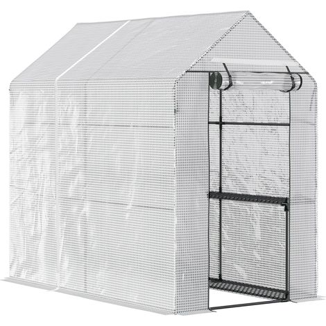 Serre tunnel de culture à 4 étagères, idéale pour la culture de tomates. Cette serre, également appelée châssis froid, est équipée d'une porte et est en acier vert PE. Dimensions : 120 x 186 x 190 cm. (1/5)