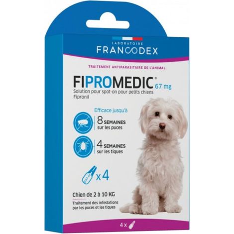4 Pipettes Fipromedic 67 mg antiparasitaire Pour Petits Chiens de 2 kg à 10 kg - Francodex (1/3)