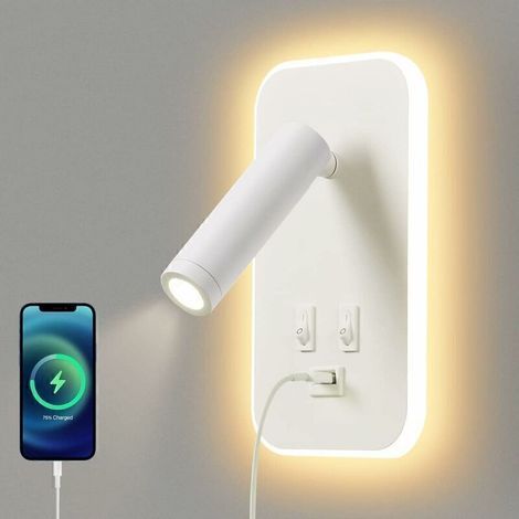 Aplique LED de pared, lámpara de lectura de mesita de noche con interruptor, puerto de carga USB, iluminación ambiental ajustable para dormitorio (luz natural de 3 W + luz cálida de 10 W) Blanco (1/5)