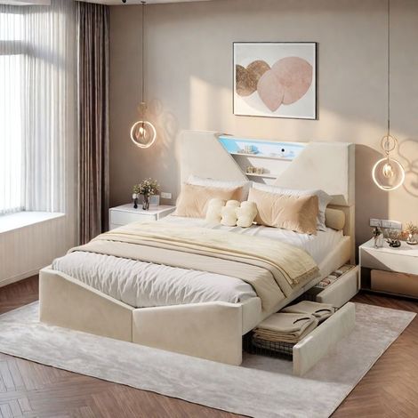 Doppelbett - Bett 140x200 cm - Gepolstert mit beigem Samt - Integrierte LED - 4 Schubladen