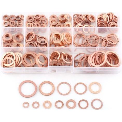 Zoternen 280 pièces Joints d'étanchéité en cuivre Rondelles plates en cuivre Assortiment de rondelles Joints d'étanchéité plats avec boîte Convient pour vis Boulons Fixations (12 tailles) (1/5)